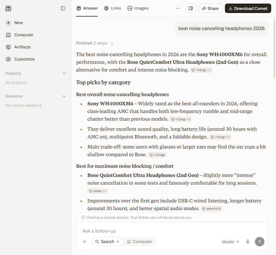 Perplexity answer with inline citations and a ten source list for a product query