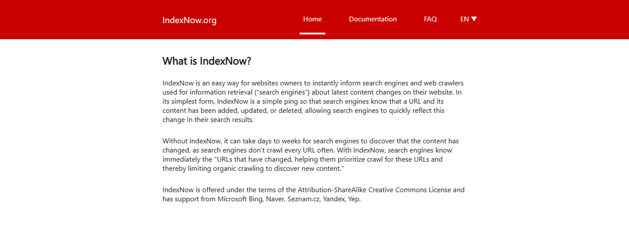 IndexNow homepage explaining the ping protocol and naming the search engines that support it
