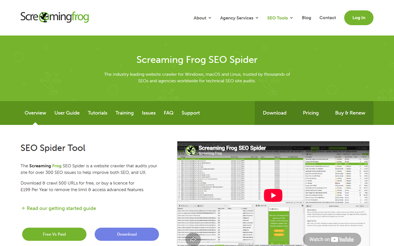 Screaming Frog SEO Spider product page showing the crawler interface, the free 500 URL limit and the licence at 199 pounds a year