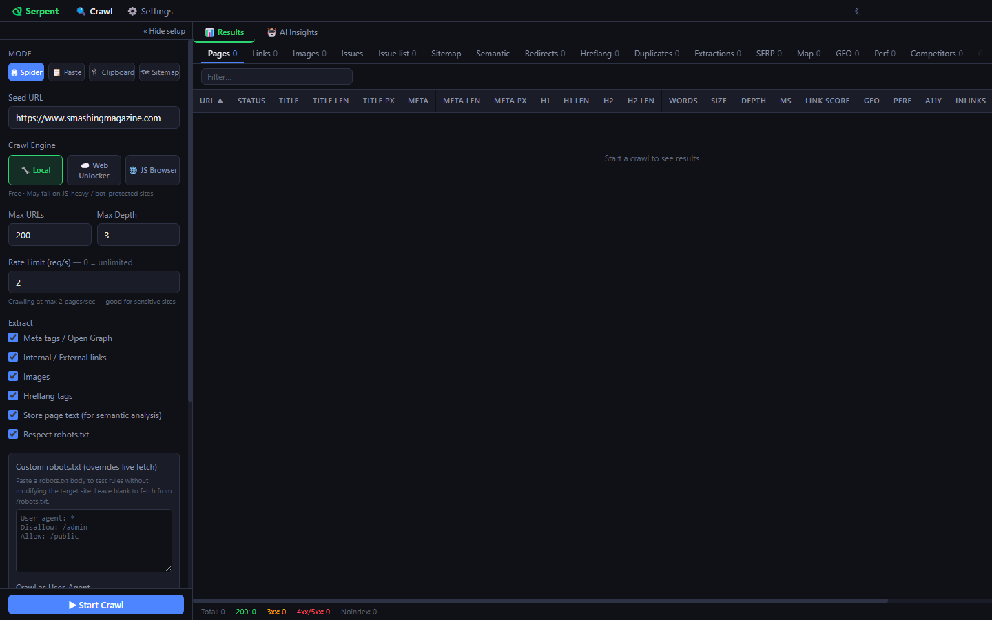Serpent crawl form with a seed URL, the local engine, a 200 URL cap, depth 3 and a rate limit of 2 requests per second