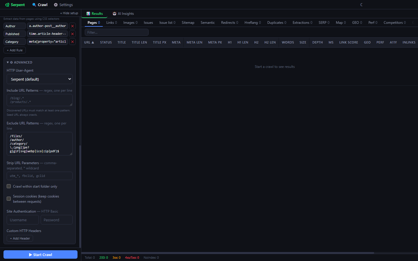 Serpent advanced panel with four exclude URL patterns and three custom extraction rules for author, published date and category
