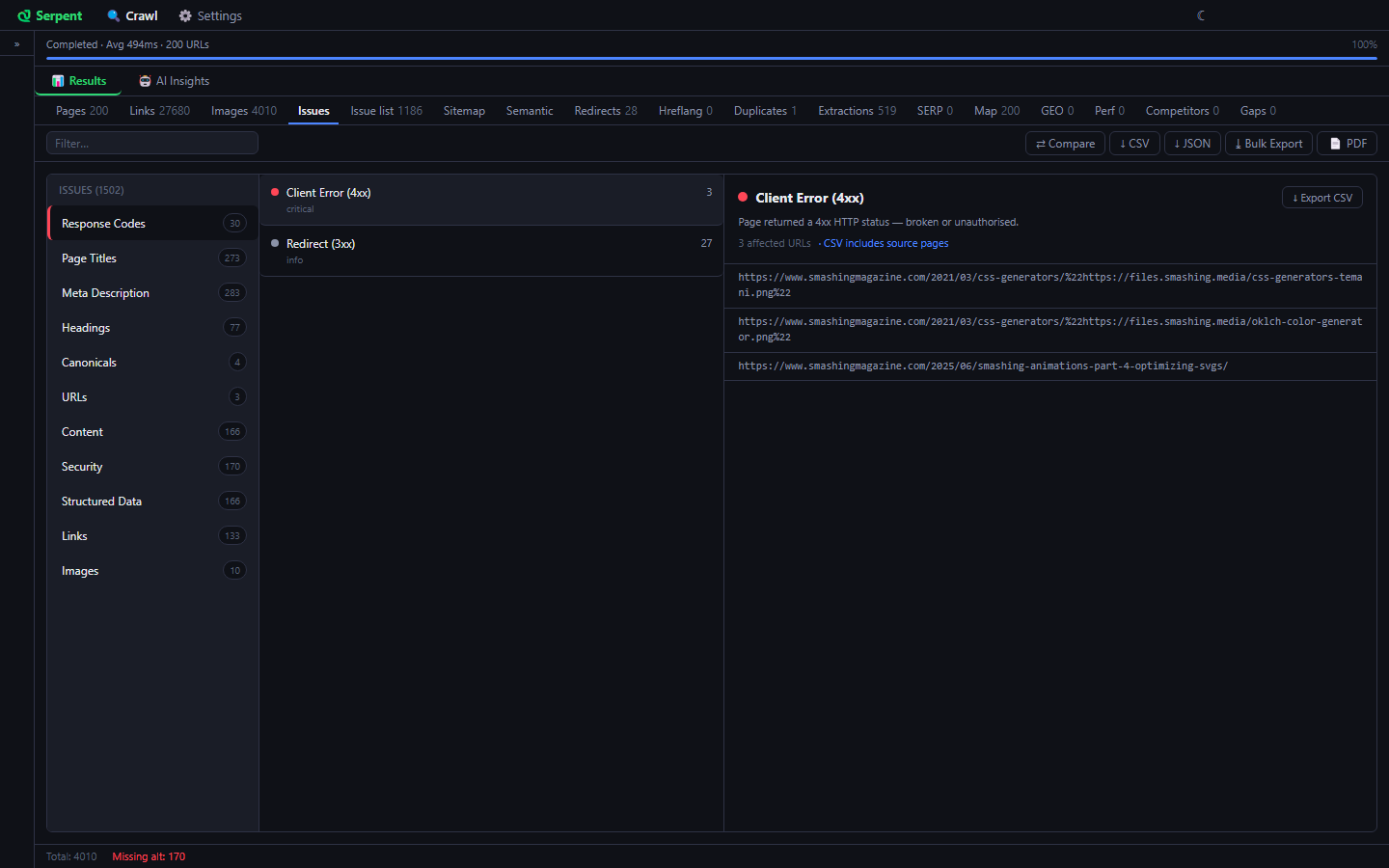 Serpent Issues tab with eleven categories and a critical Client Error row listing three URLs that return 4xx