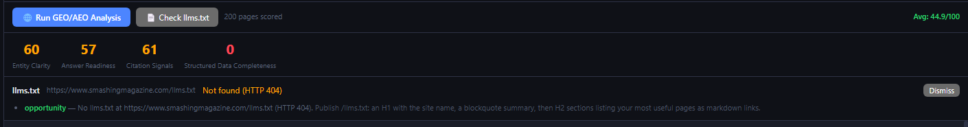 Serpent llms.txt validator reporting HTTP 404 for the file with a recommendation on the structure a valid one needs