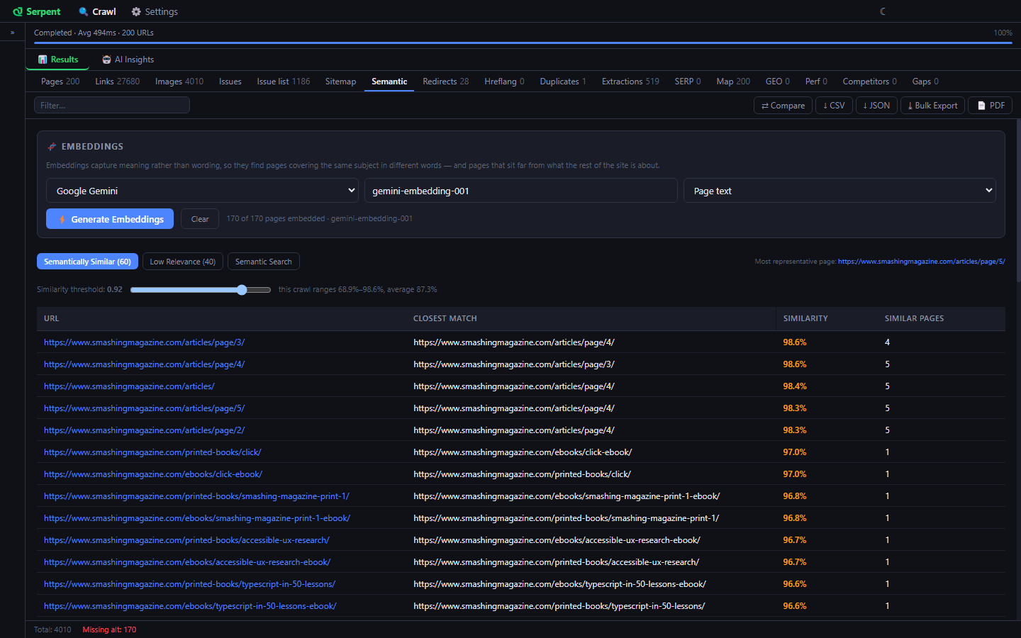 Serpent Semantic tab ranking pages by embedding similarity, with a printed book and its ebook matching at 97 percent