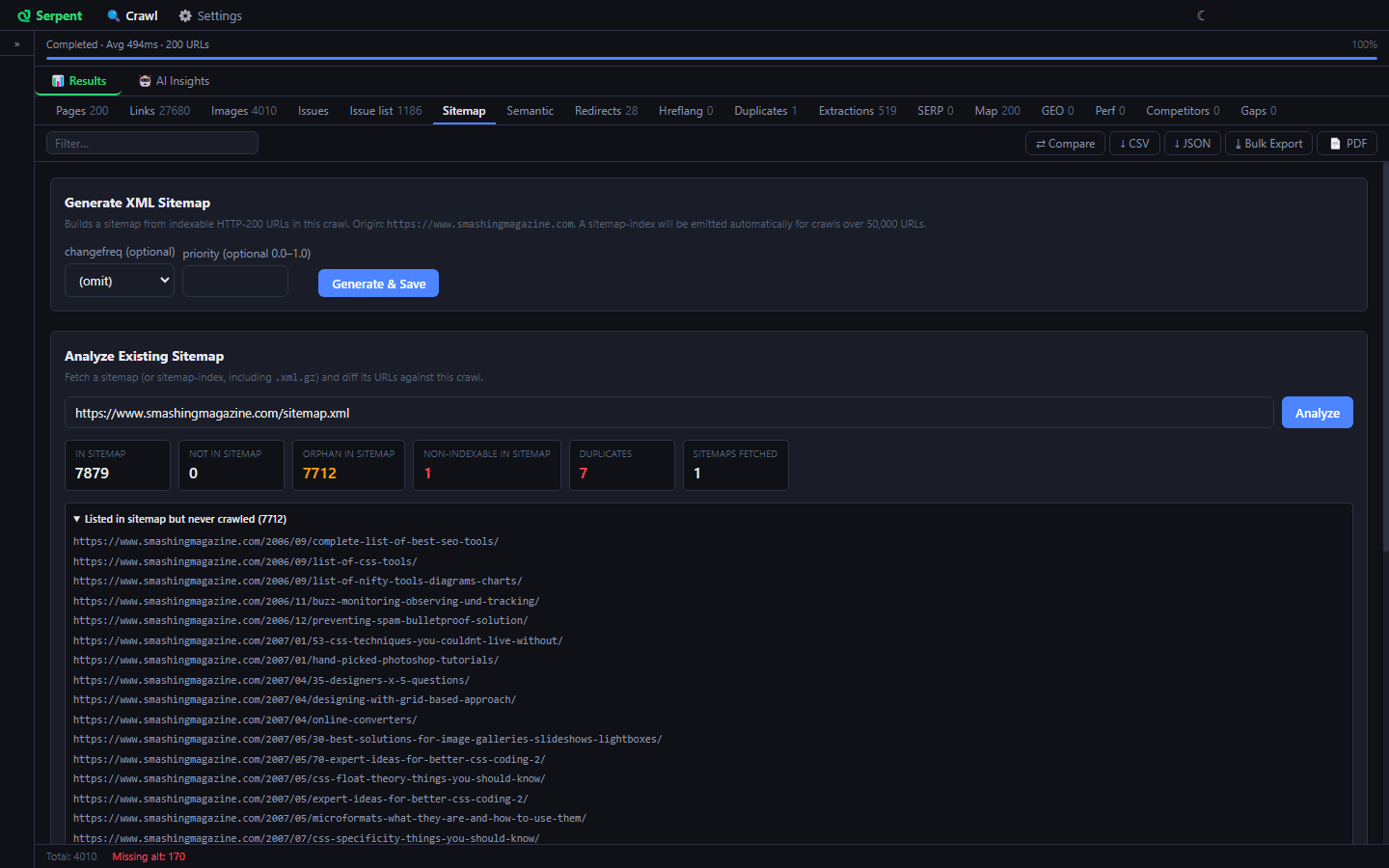 Serpent Sitemap tab diffing 7,879 sitemap URLs against the crawl and flagging seven duplicate entries