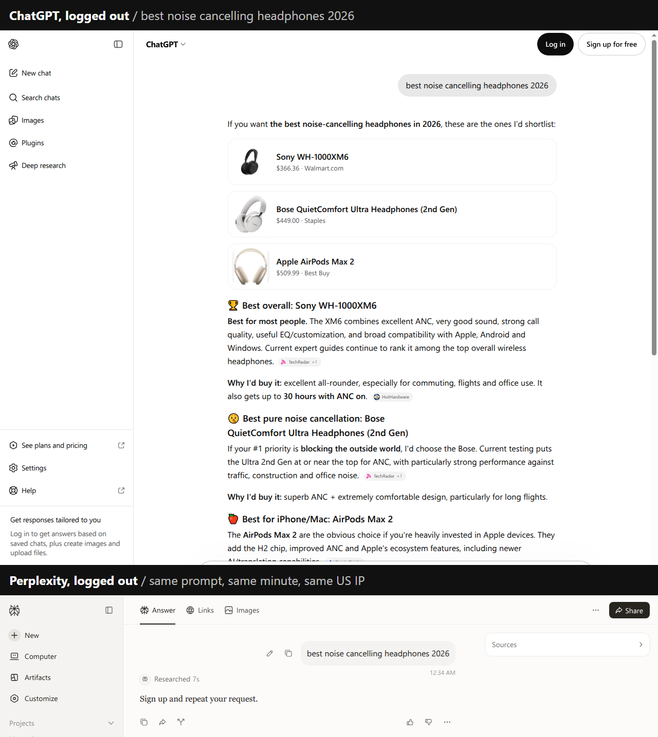ChatGPT answering the headphones prompt with product cards above Perplexity returning a one-line refusal for the same prompt
