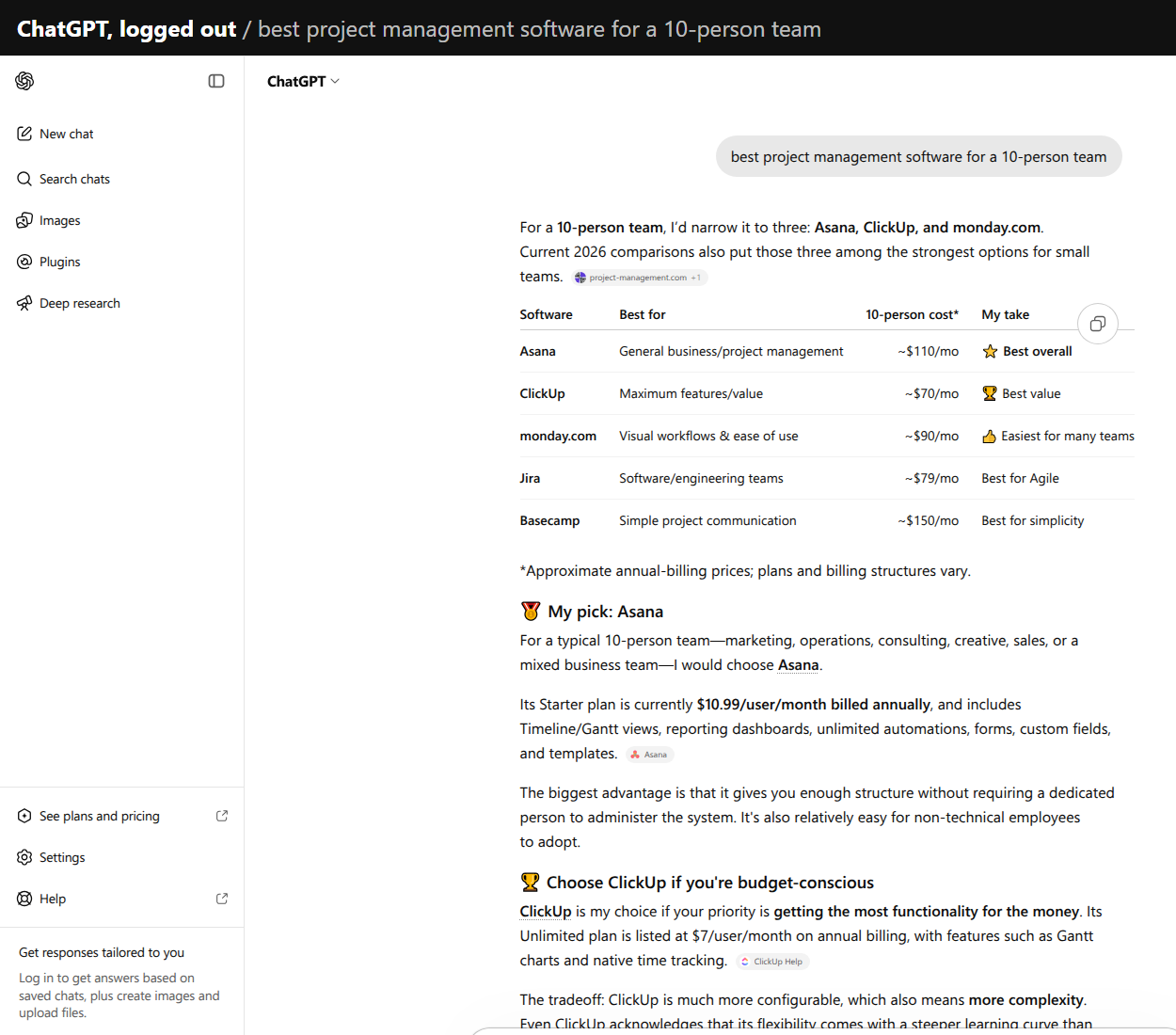 ChatGPT cost table comparing five project management tools for a ten-person team with Asana picked first