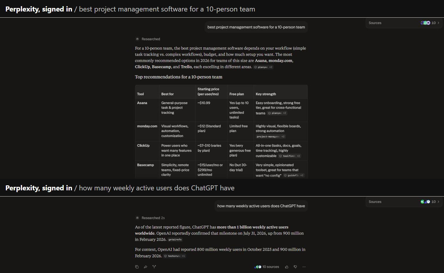 Perplexity signed in answering a project management prompt with a citation chip on every table row, above its answer on ChatGPT weekly user numbers