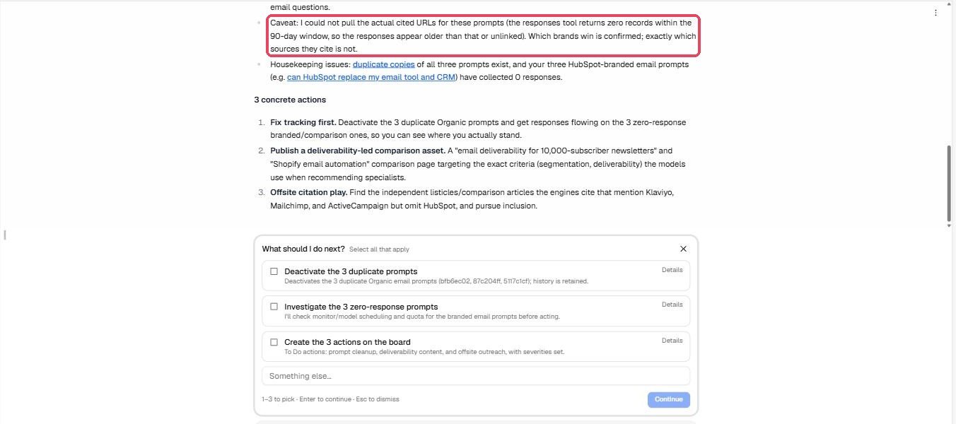 Promptwatch agent chat answer with a caveat saying it could not pull the cited URLs for the email marketing prompts, followed by three recommended actions and a checklist of next steps to approve.