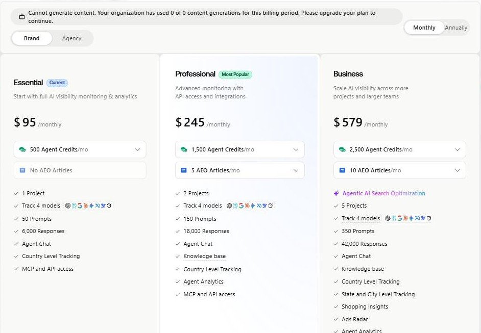 Promptwatch in-app pricing table with Essential at 95 dollars a month, Professional at 245 and Business at 579, listing agent credits, AEO articles, projects, prompts and responses for each.
