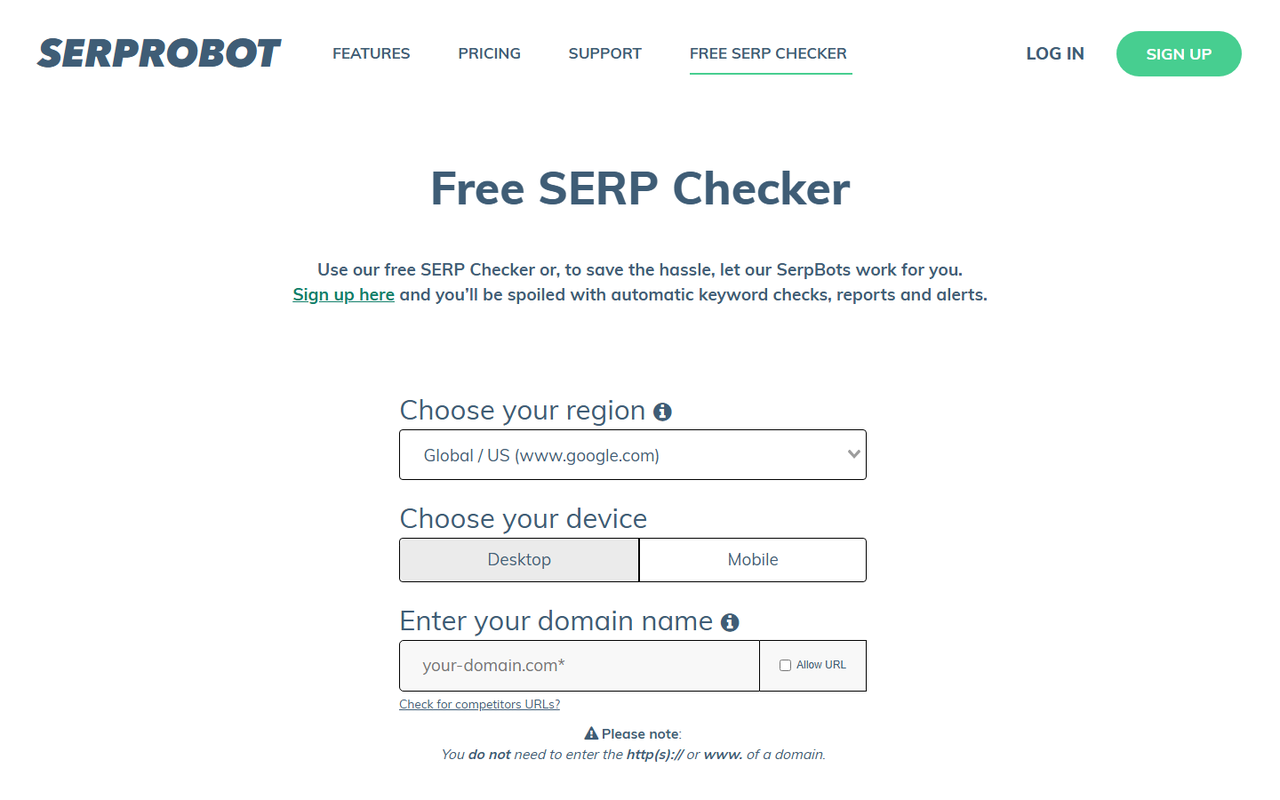 SerpRobot free SERP Checker form with region, device and domain fields