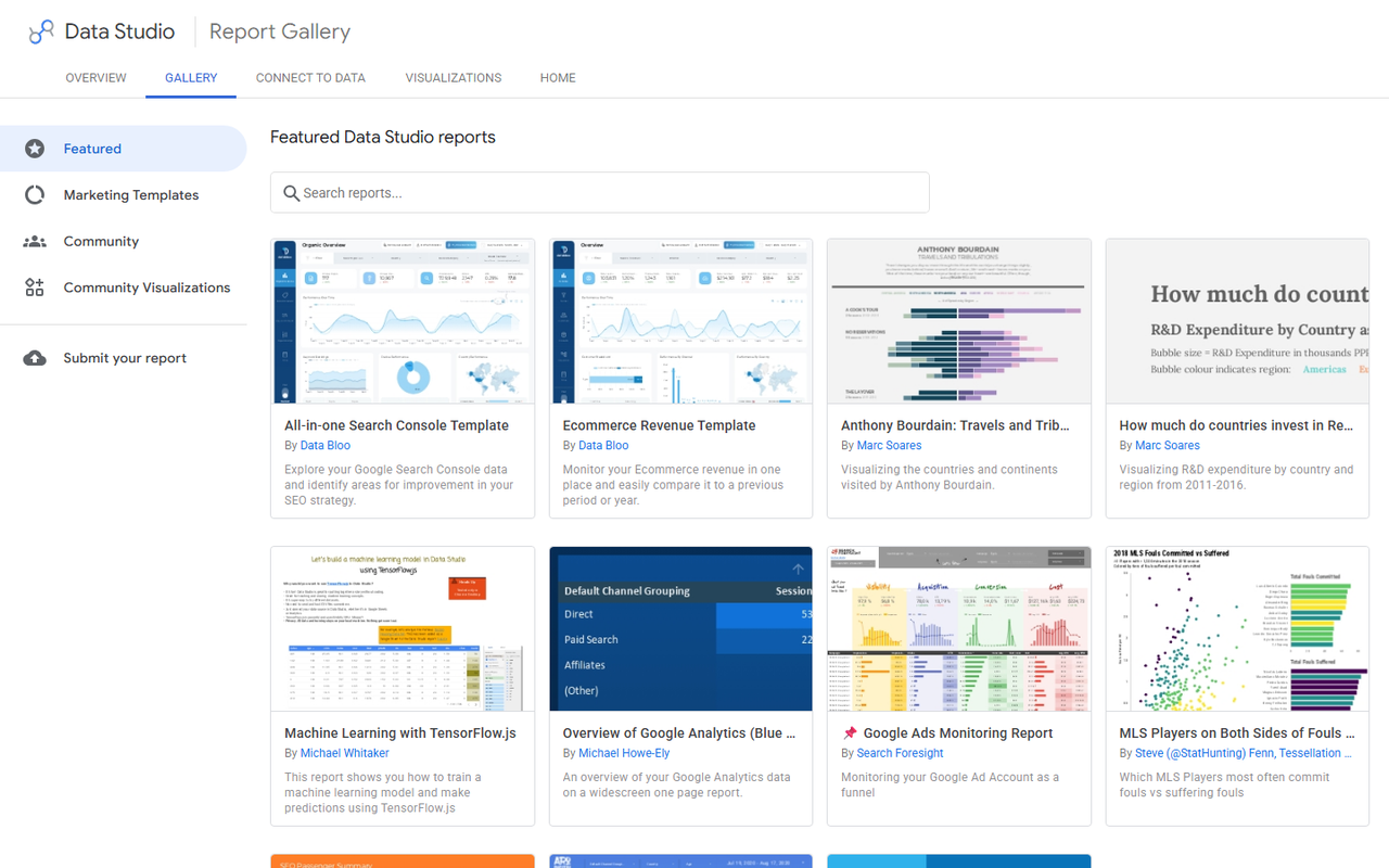 Data Studio report gallery with featured templates including an all-in-one Search Console template and an ecommerce revenue template