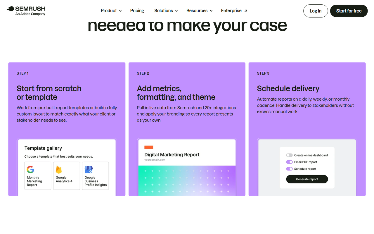 Semrush My Reports steps: a template gallery, a branded Digital Marketing Report cover on your own domain, and scheduled PDF delivery