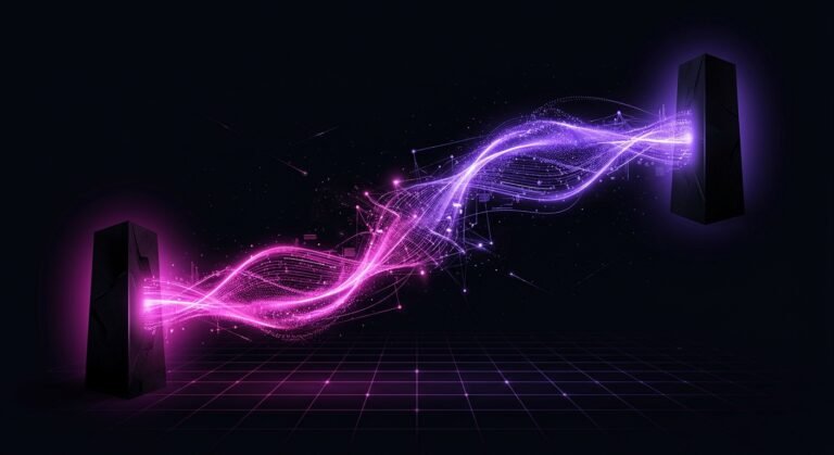 Abstract illustration of two glowing data streams, one fuchsia and one violet, flowing between two dark monoliths over a grid.